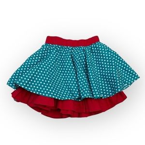 Sweet Charlotte Teal and white polka dot skirt with Red ruffle, lined